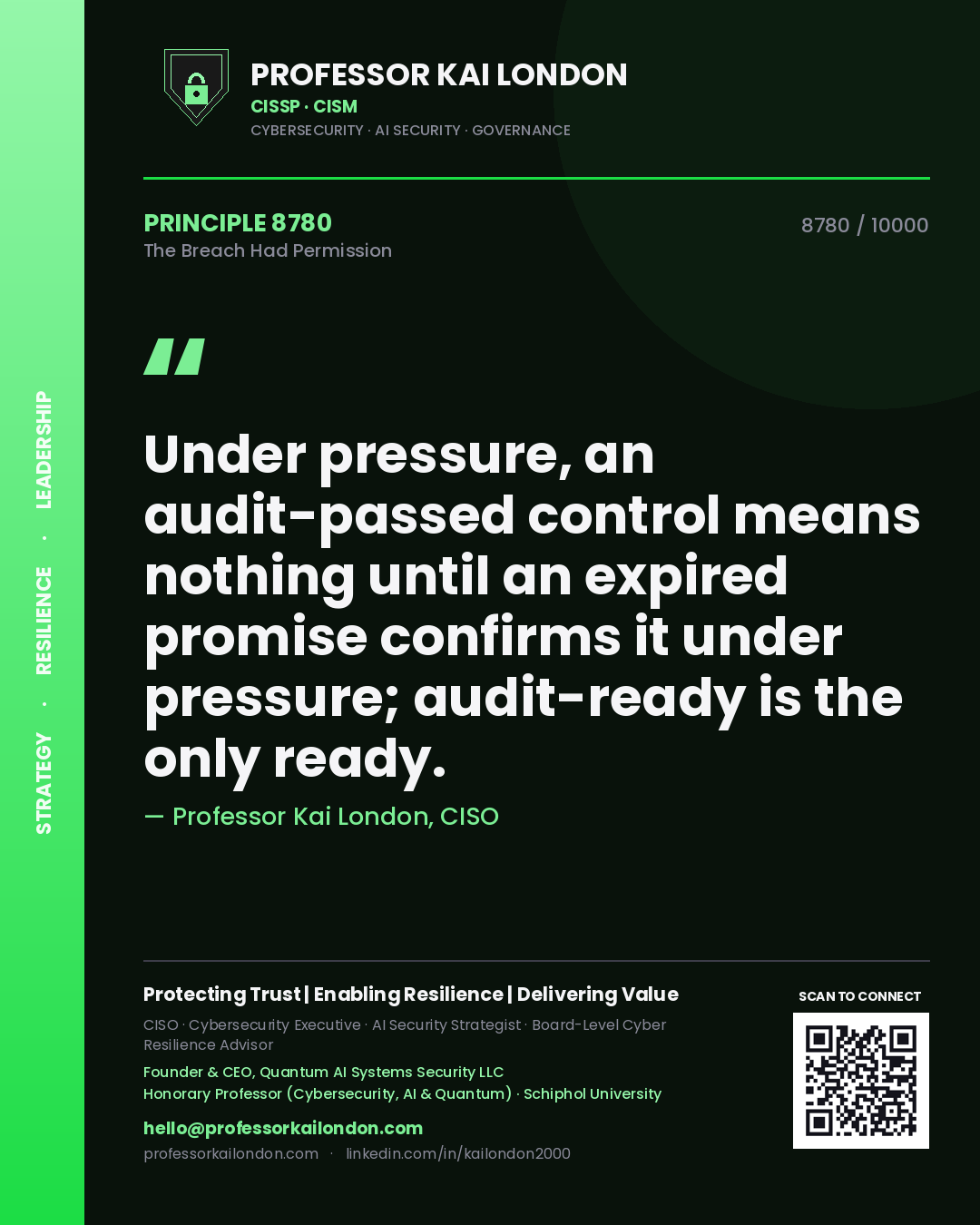 Professor Kai London principle 8780: Under pressure, an audit-passed control means nothing until an expired promise confirms it under pressure; audit-ready is the only ready.