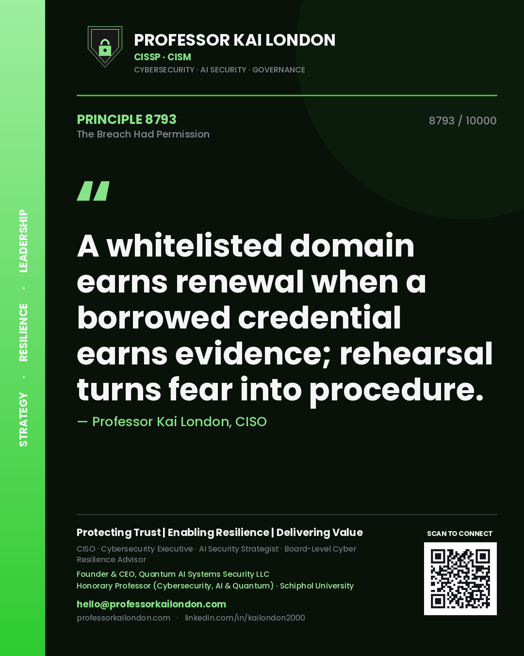 Professor Kai London principle 8793: A whitelisted domain earns renewal when a borrowed credential earns evidence; rehearsal turns fear into procedure.