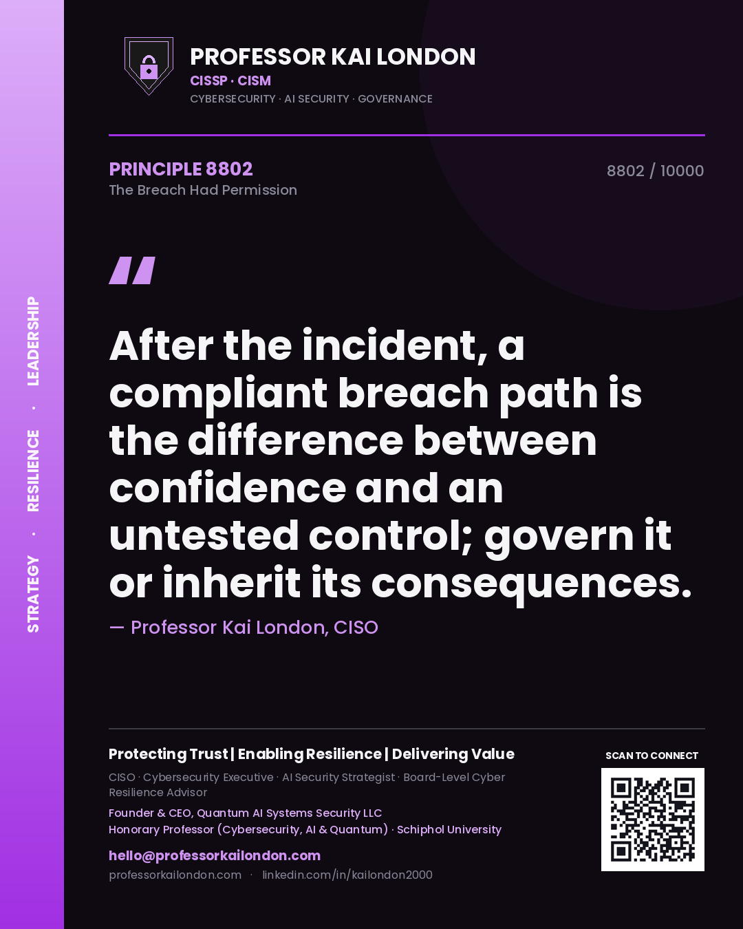 Professor Kai London principle 8802: After the incident, a compliant breach path is the difference between confidence and an untested control; govern it or inherit its consequences.