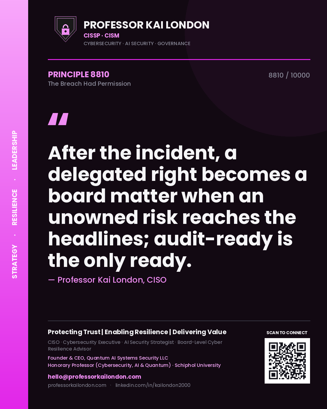 Professor Kai London principle 8810: After the incident, a delegated right becomes a board matter when an unowned risk reaches the headlines; audit-ready is the only ready.
