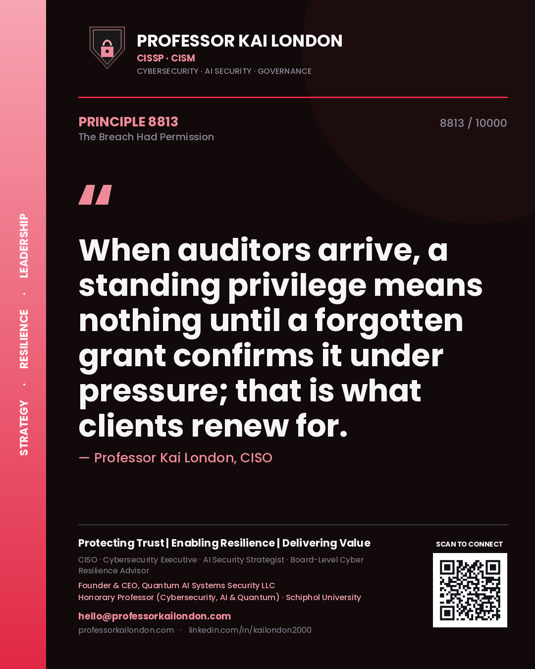 Quote card by Professor Kai London reading 'When auditors arrive, a standing privilege means nothing until a forgotten grant confirms it under pressure; that is what clients renew for.'. From the book The Breach Had Permission.