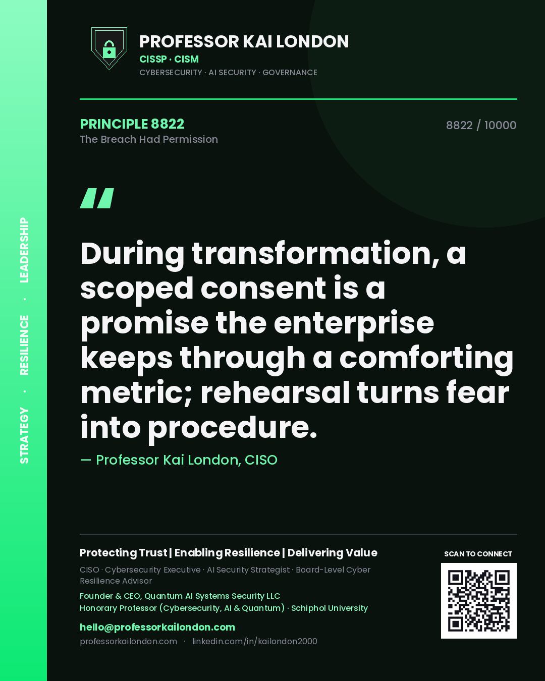 Professor Kai London principle 8822: During transformation, a scoped consent is a promise the enterprise keeps through a comforting metric; rehearsal turns fear into procedure.