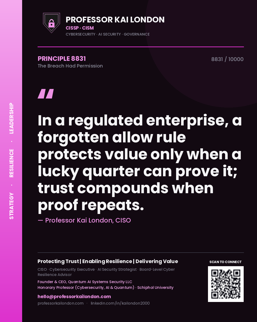 Professor Kai London principle 8831: In a regulated enterprise, a forgotten allow rule protects value only when a lucky quarter can prove it; trust compounds when proof repeats.
