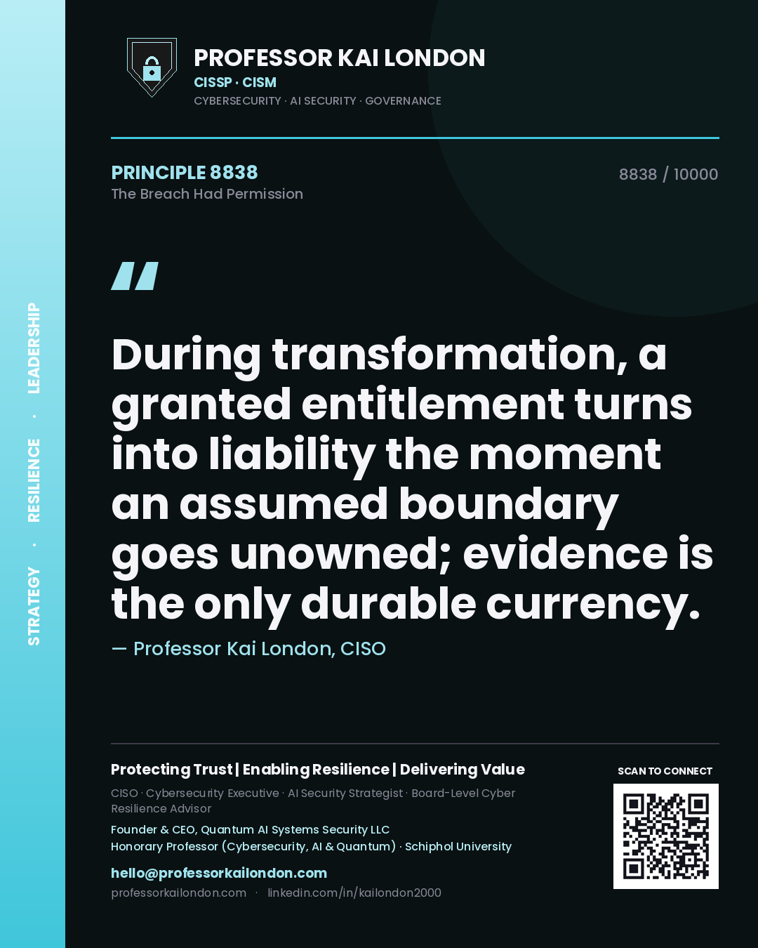 Professor Kai London principle 8838: During transformation, a granted entitlement turns into liability the moment an assumed boundary goes unowned; evidence is the only durable currency.