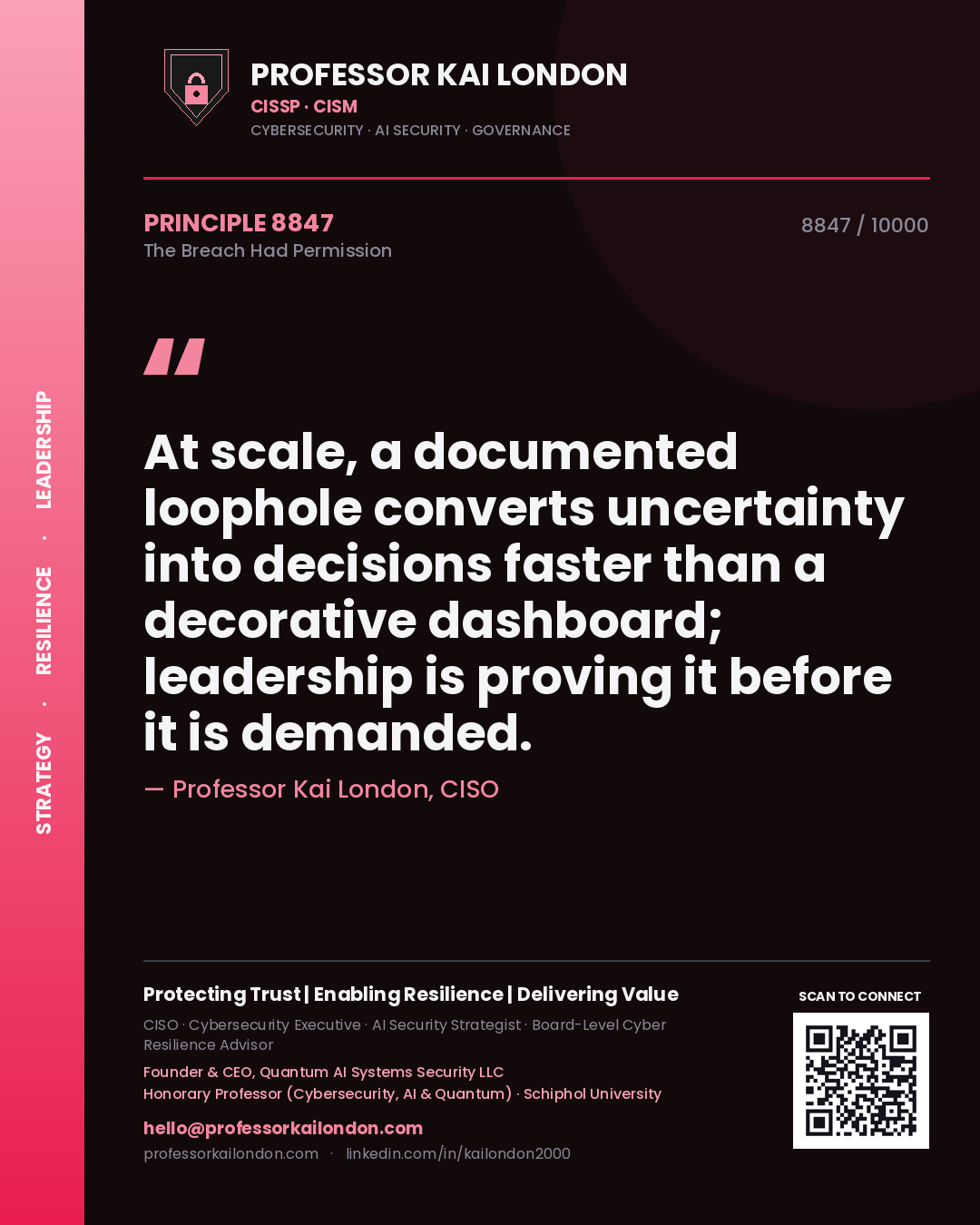 Professor Kai London principle 8847: At scale, a documented loophole converts uncertainty into decisions faster than a decorative dashboard; leadership is proving it before it is demanded.