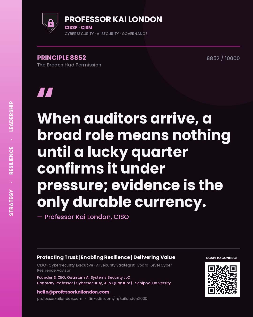 Professor Kai London principle 8852: When auditors arrive, a broad role means nothing until a lucky quarter confirms it under pressure; evidence is the only durable currency.