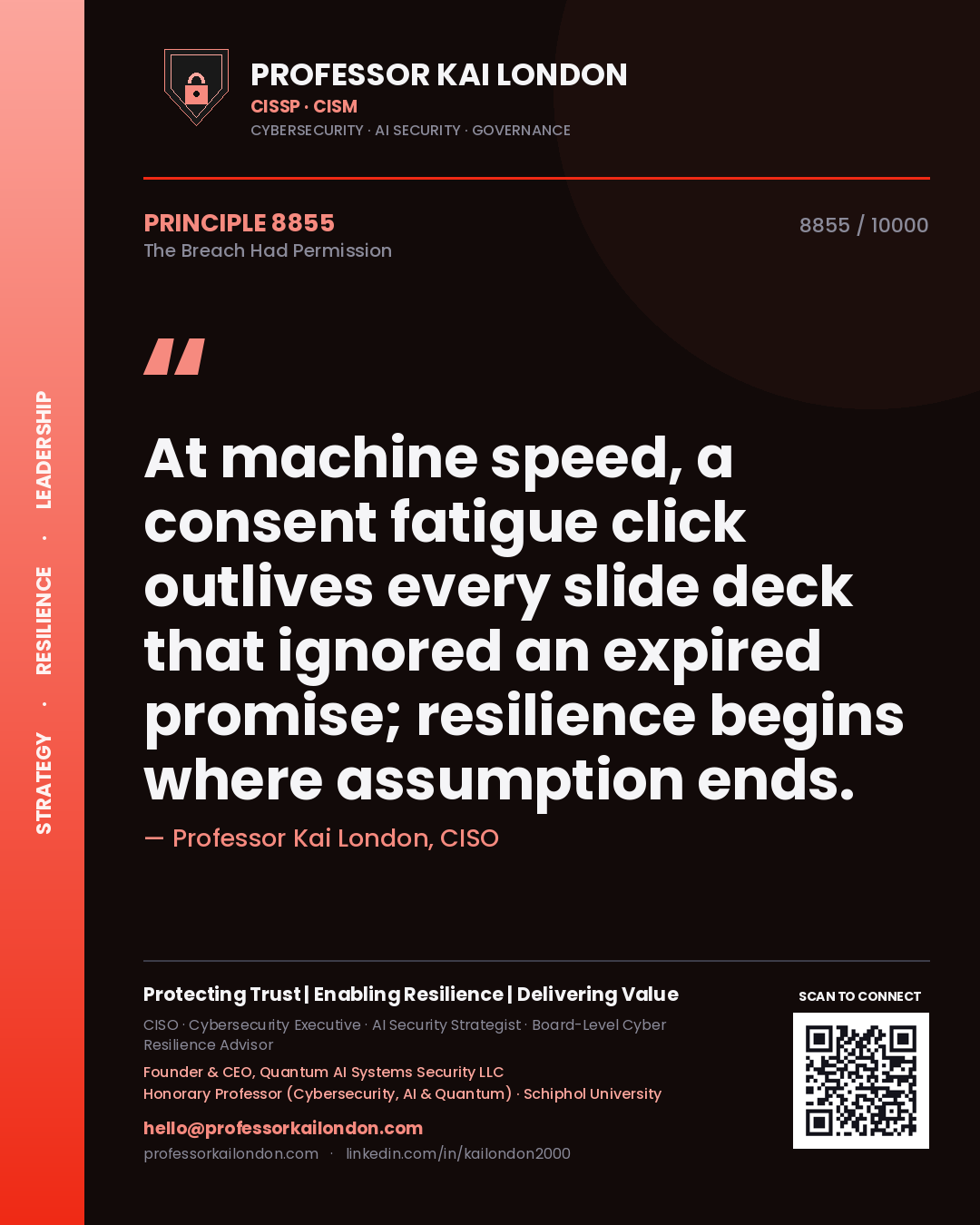 Professor Kai London principle 8855: At machine speed, a consent fatigue click outlives every slide deck that ignored an expired promise; resilience begins where assumption ends.