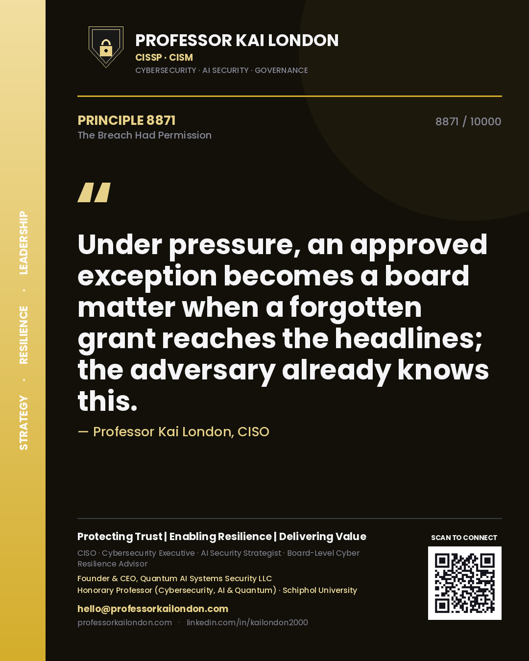 Professor Kai London principle 8871: Under pressure, an approved exception becomes a board matter when a forgotten grant reaches the headlines; the adversary already knows this.