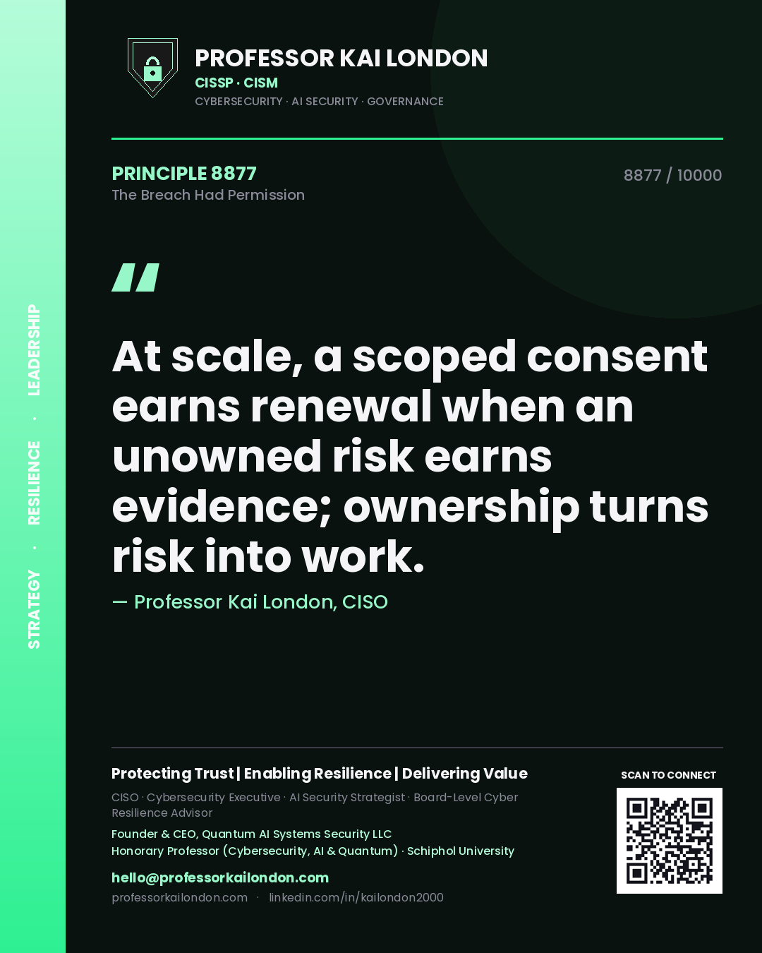 Quote card by Professor Kai London reading 'At scale, a scoped consent earns renewal when an unowned risk earns evidence; ownership turns risk into work.'. From the book The Breach Had Permission.