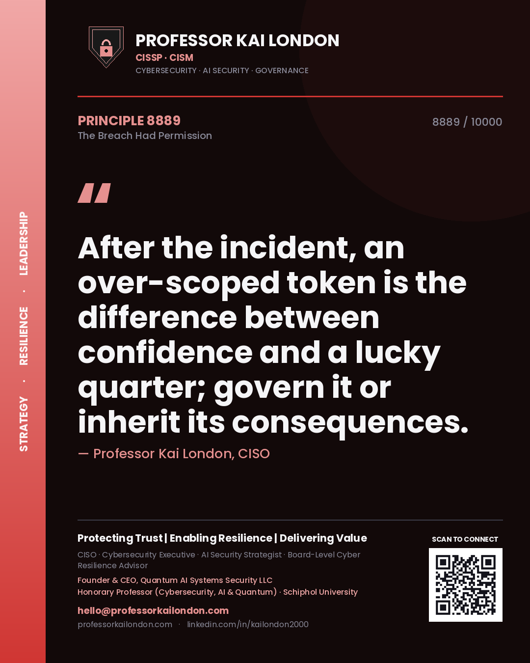 Professor Kai London principle 8889: After the incident, an over-scoped token is the difference between confidence and a lucky quarter; govern it or inherit its consequences.