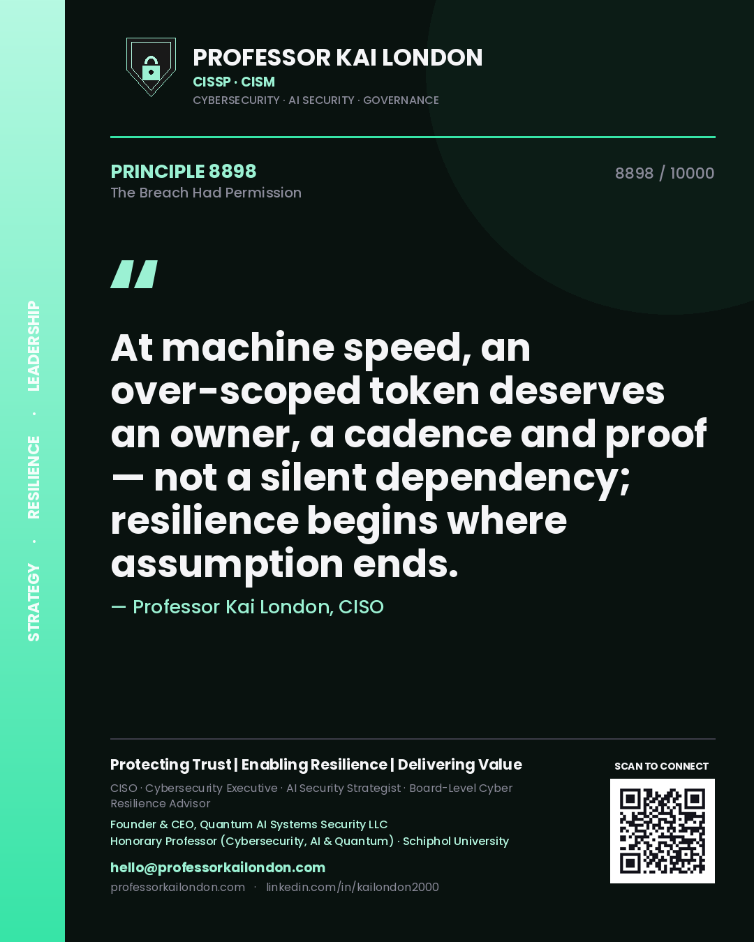 Professor Kai London principle 8898: At machine speed, an over-scoped token deserves an owner, a cadence and proof — not a silent dependency; resilience begins where assumption ends.