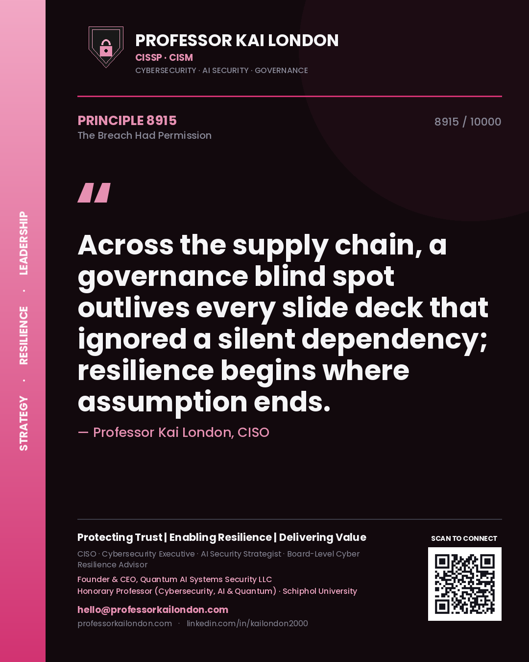 Professor Kai London principle 8915: Across the supply chain, a governance blind spot outlives every slide deck that ignored a silent dependency; resilience begins where assumption ends.