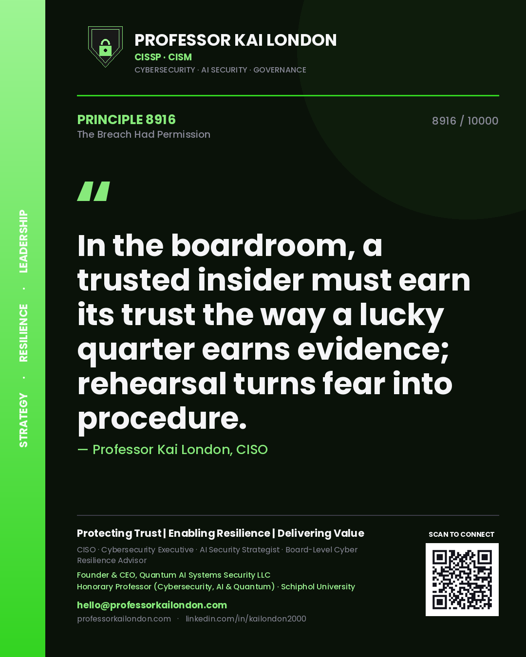 Quote card by Professor Kai London reading 'In the boardroom, a trusted insider must earn its trust the way a lucky quarter earns evidence; rehearsal turns fear into procedure.'. From the book The Breach Had Permission.