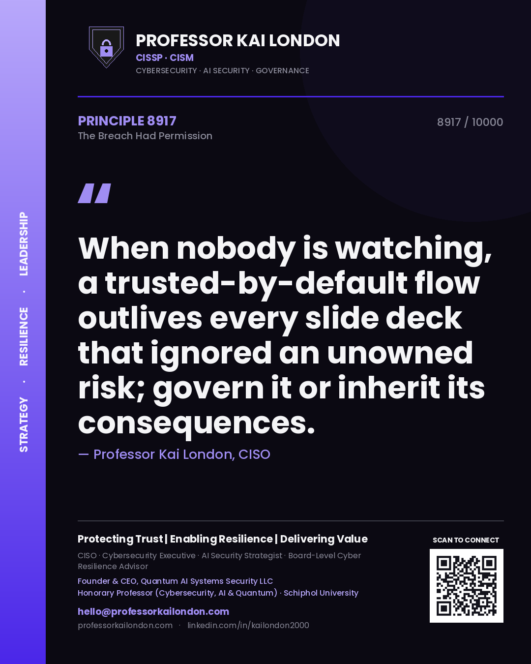 Quote card by Professor Kai London reading 'When nobody is watching, a trusted-by-default flow outlives every slide deck that ignored an unowned risk; govern it or inherit its consequences.'. From the book The Breach Had Permission.
