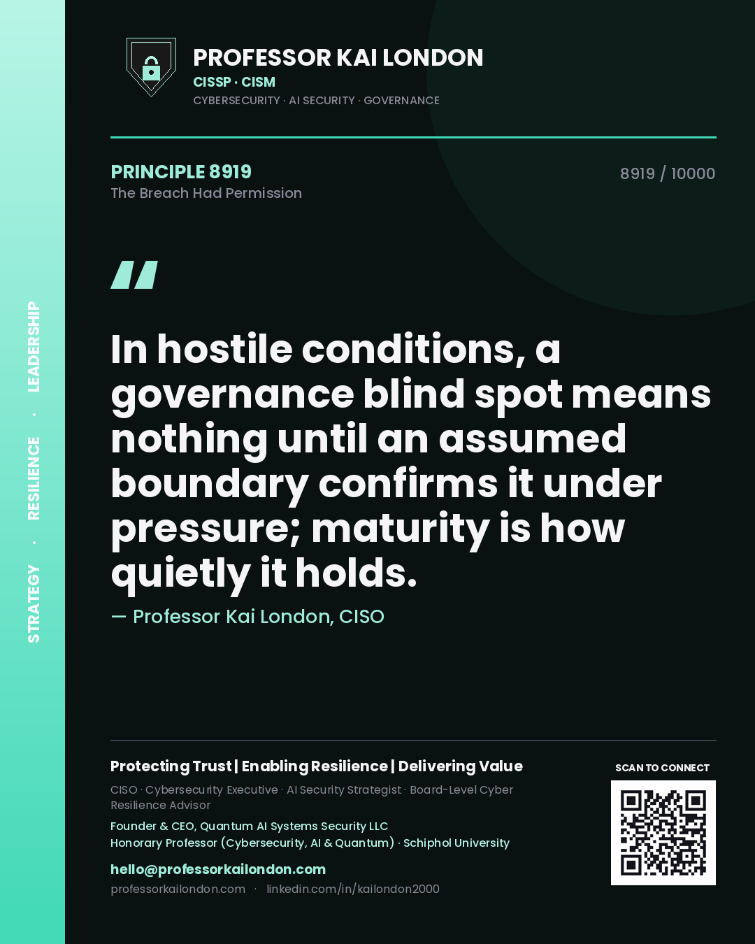 Professor Kai London principle 8919: In hostile conditions, a governance blind spot means nothing until an assumed boundary confirms it under pressure; maturity is how quietly it holds.