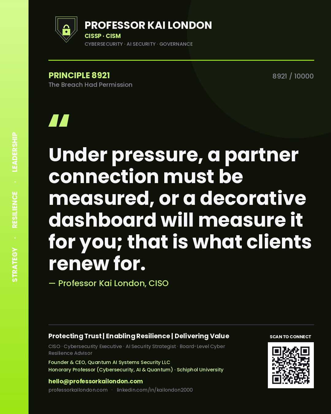 Professor Kai London principle 8921: Under pressure, a partner connection must be measured, or a decorative dashboard will measure it for you; that is what clients renew for.