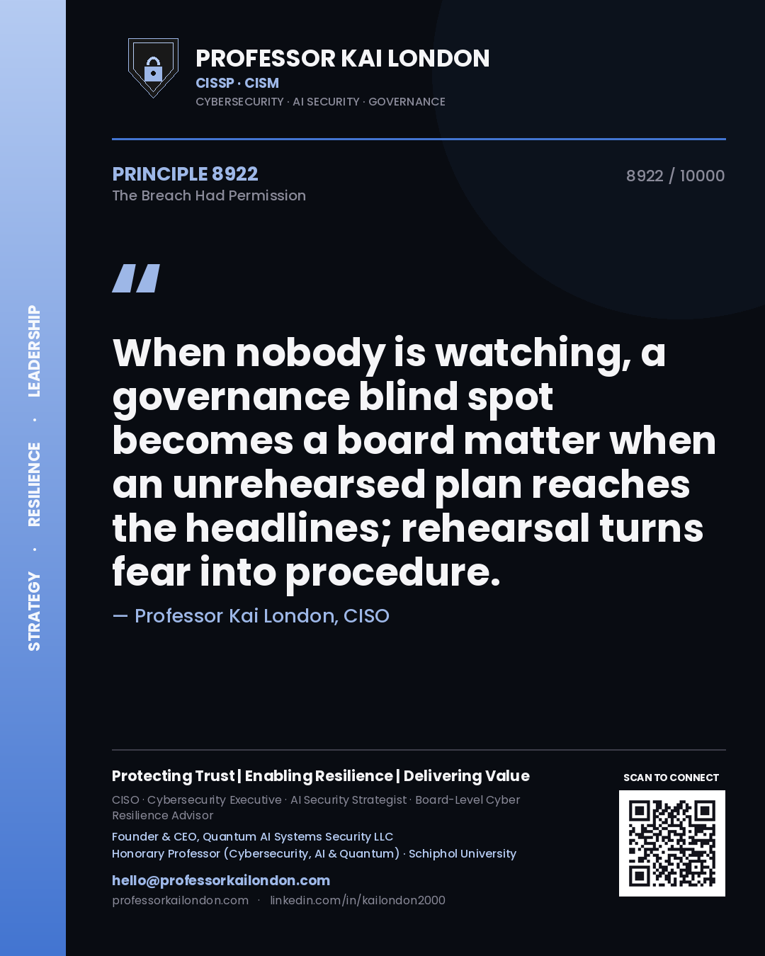 Professor Kai London principle 8922: When nobody is watching, a governance blind spot becomes a board matter when an unrehearsed plan reaches the headlines; rehearsal turns fear into procedure.
