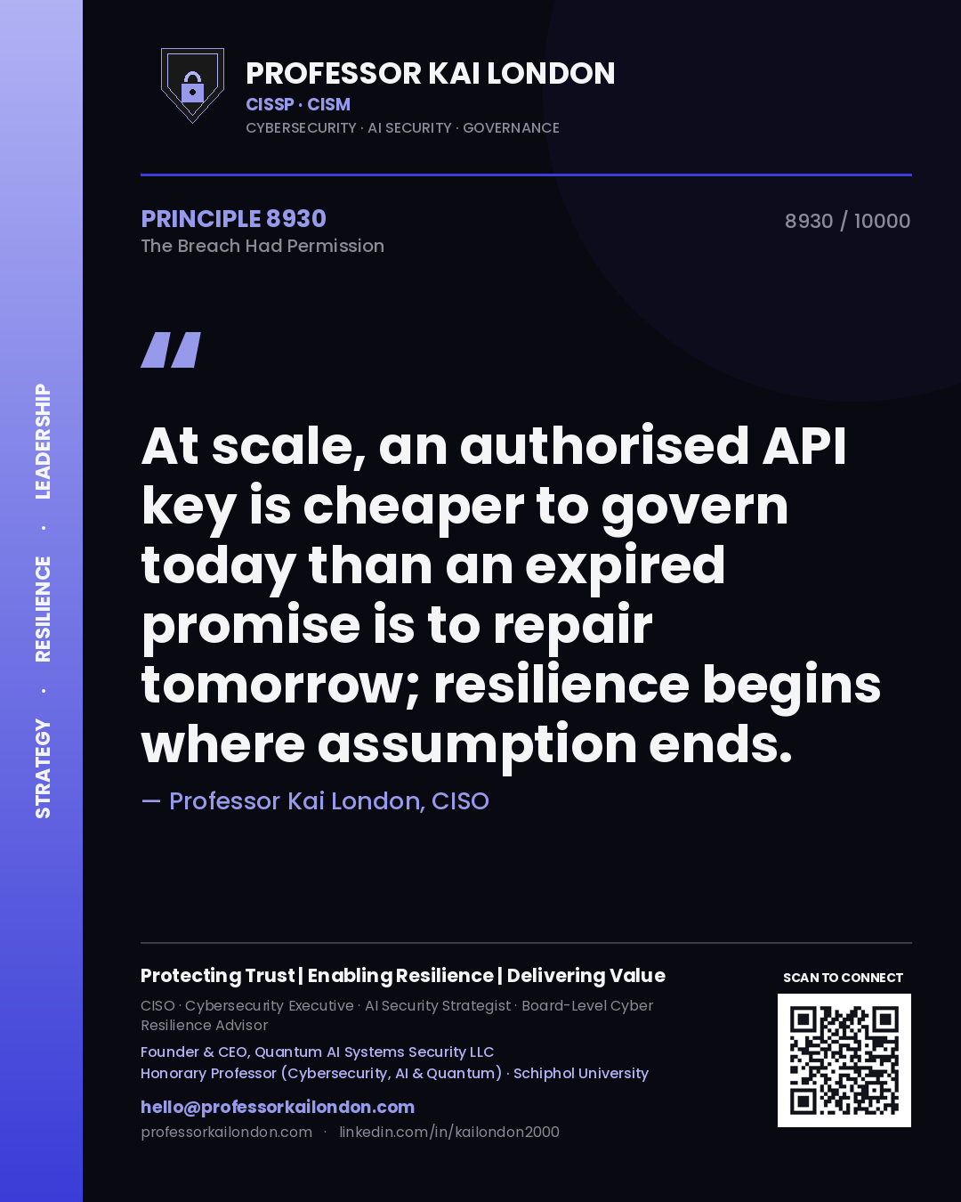 Professor Kai London principle 8930: At scale, an authorised API key is cheaper to govern today than an expired promise is to repair tomorrow; resilience begins where assumption ends.