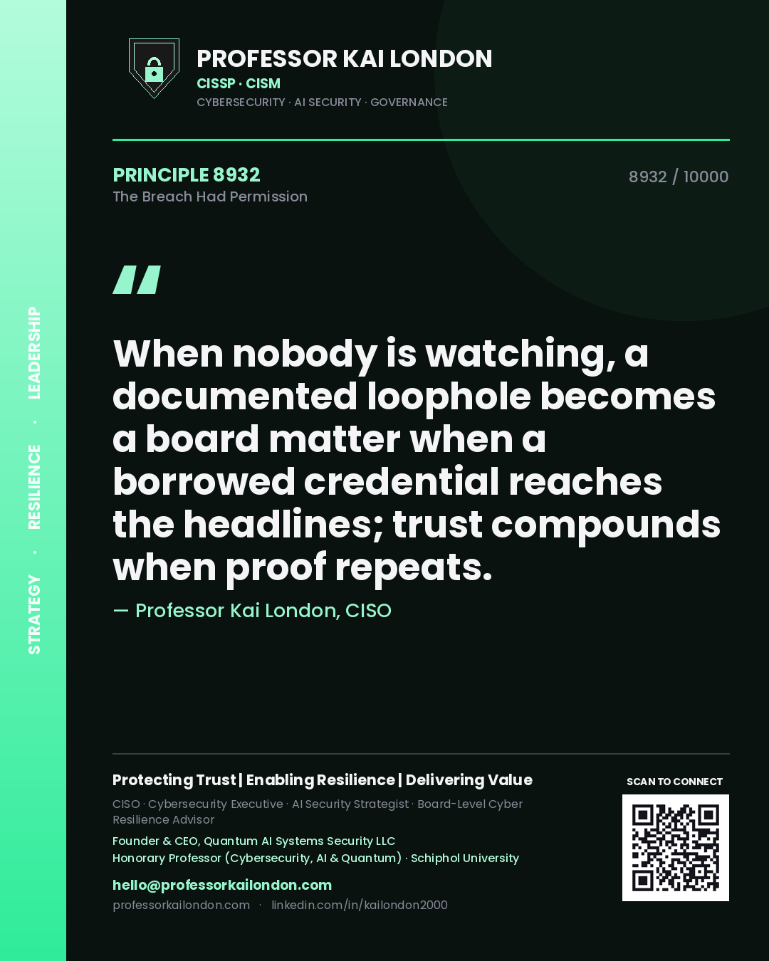 Quote card by Professor Kai London reading 'When nobody is watching, a documented loophole becomes a board matter when a borrowed credential reaches the headlines; trust compounds when proof repeats.'. From the book The Breach Had Permission.