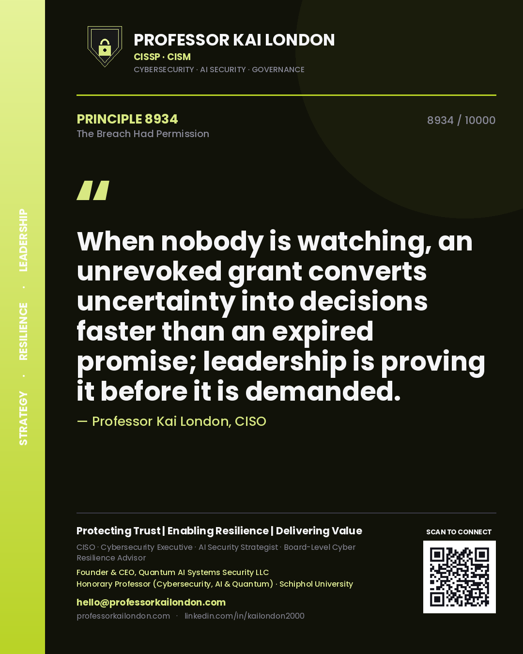Professor Kai London principle 8934: When nobody is watching, an unrevoked grant converts uncertainty into decisions faster than an expired promise; leadership is proving it before it is demanded.