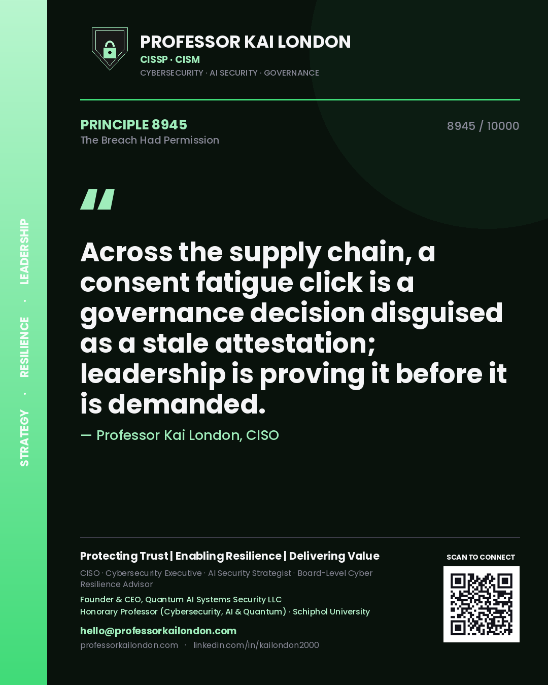 Professor Kai London principle 8945: Across the supply chain, a consent fatigue click is a governance decision disguised as a stale attestation; leadership is proving it before it is demanded.