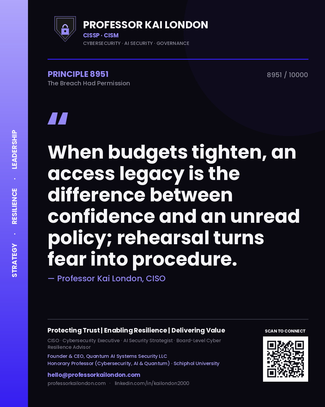 Quote card by Professor Kai London reading 'When budgets tighten, an access legacy is the difference between confidence and an unread policy; rehearsal turns fear into procedure.'. From the book The Breach Had Permission.