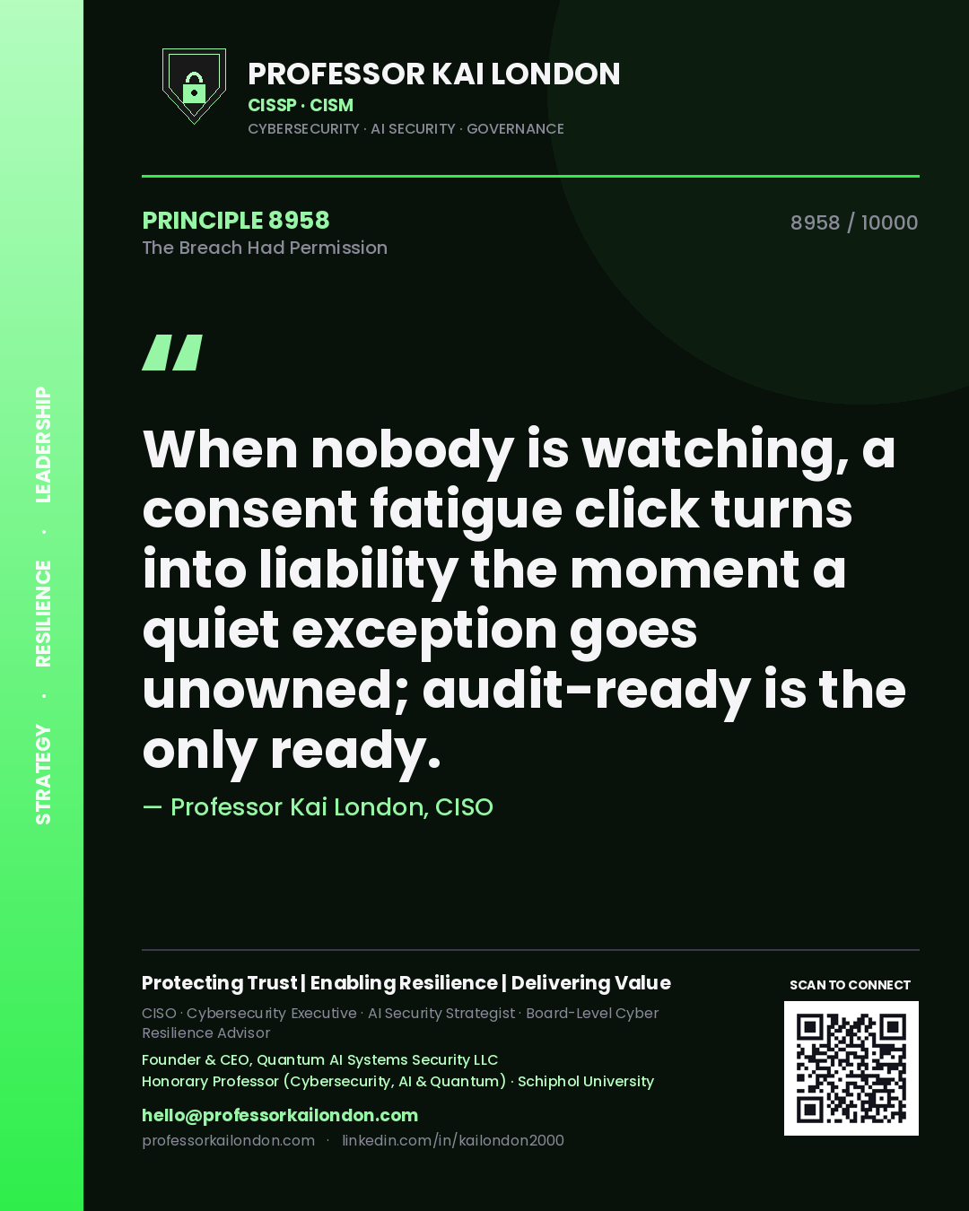 Quote card by Professor Kai London reading 'When nobody is watching, a consent fatigue click turns into liability the moment a quiet exception goes unowned; audit-ready is the only ready.'. From the book The Breach Had Permission.