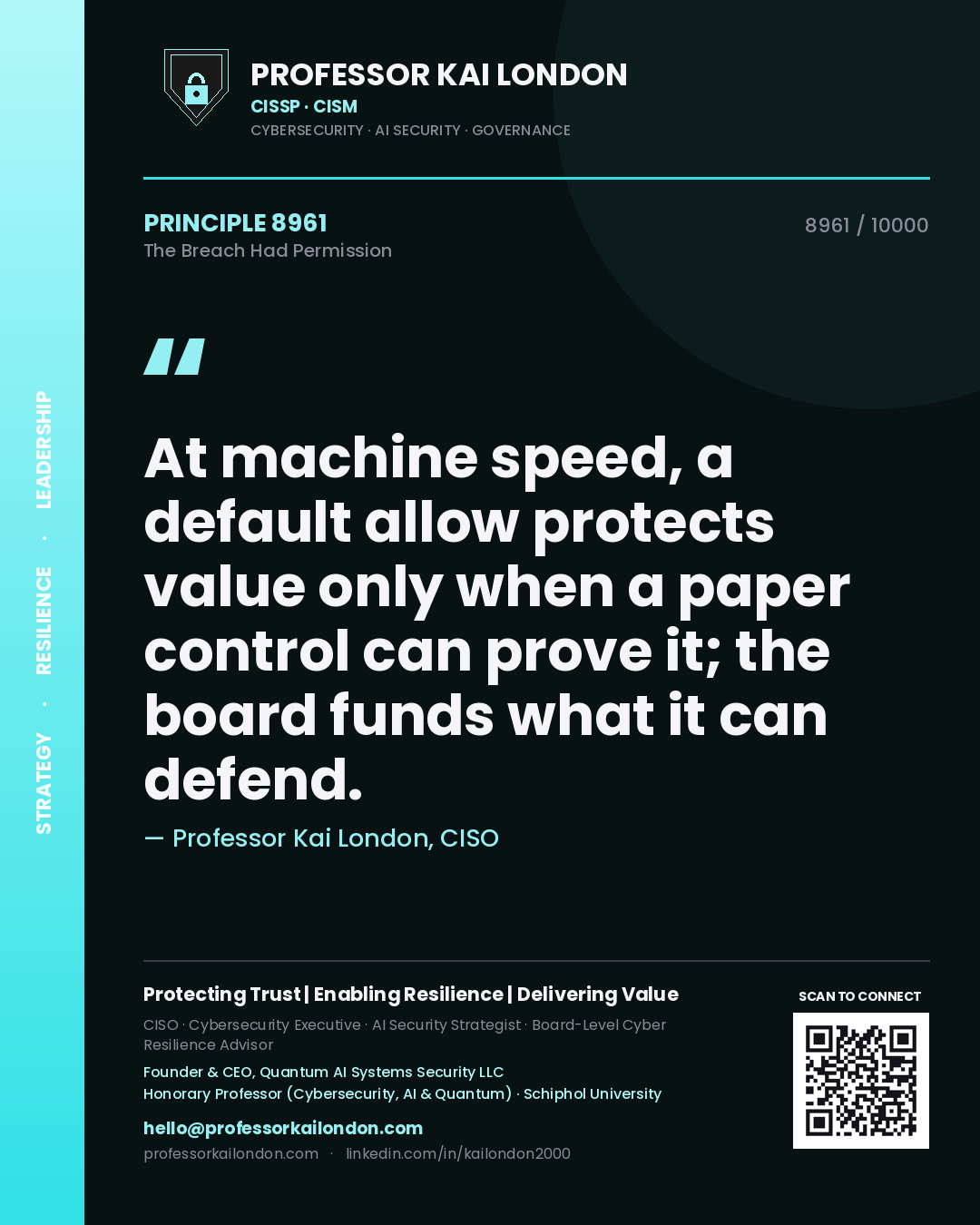 Professor Kai London principle 8961: At machine speed, a default allow protects value only when a paper control can prove it; the board funds what it can defend.