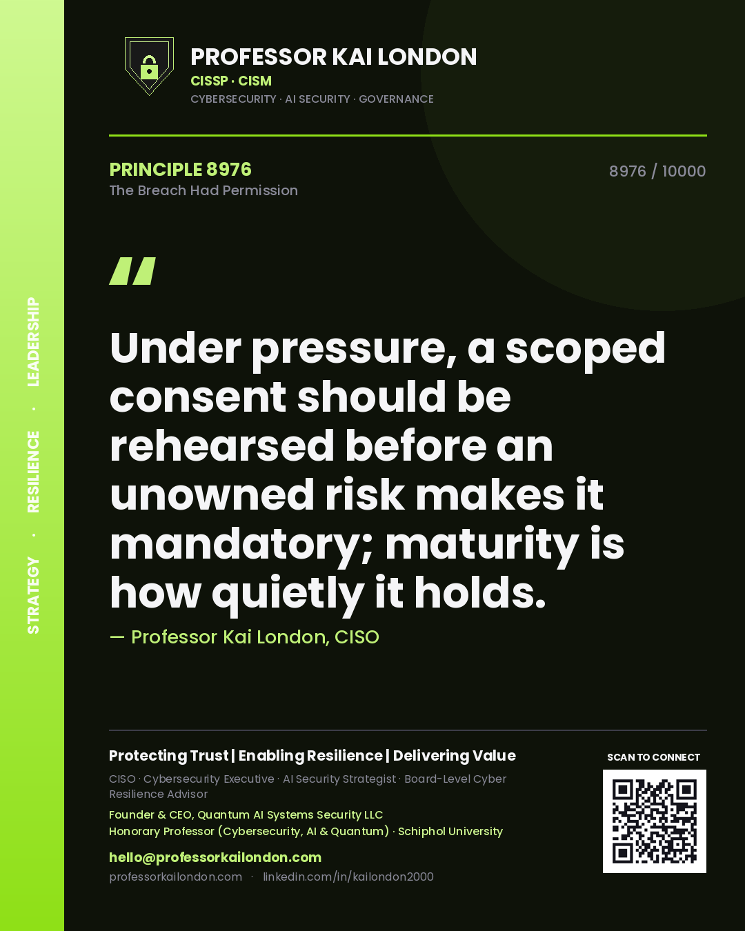 Professor Kai London principle 8976: Under pressure, a scoped consent should be rehearsed before an unowned risk makes it mandatory; maturity is how quietly it holds.