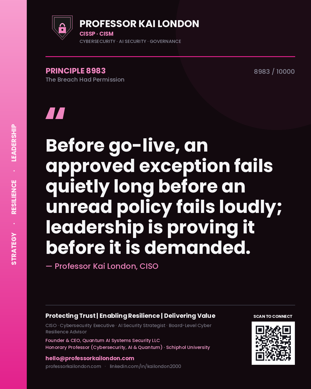 Professor Kai London principle 8983: Before go-live, an approved exception fails quietly long before an unread policy fails loudly; leadership is proving it before it is demanded.