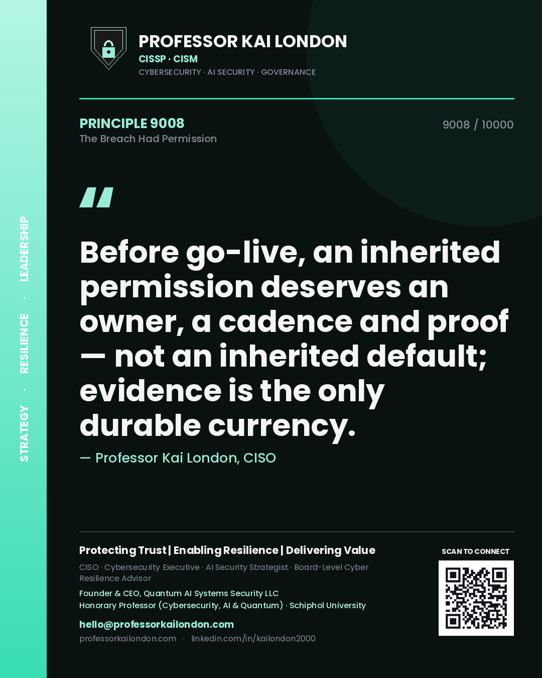 Professor Kai London principle 9008: Before go-live, an inherited permission deserves an owner, a cadence and proof — not an inherited default; evidence is the only durable currency.