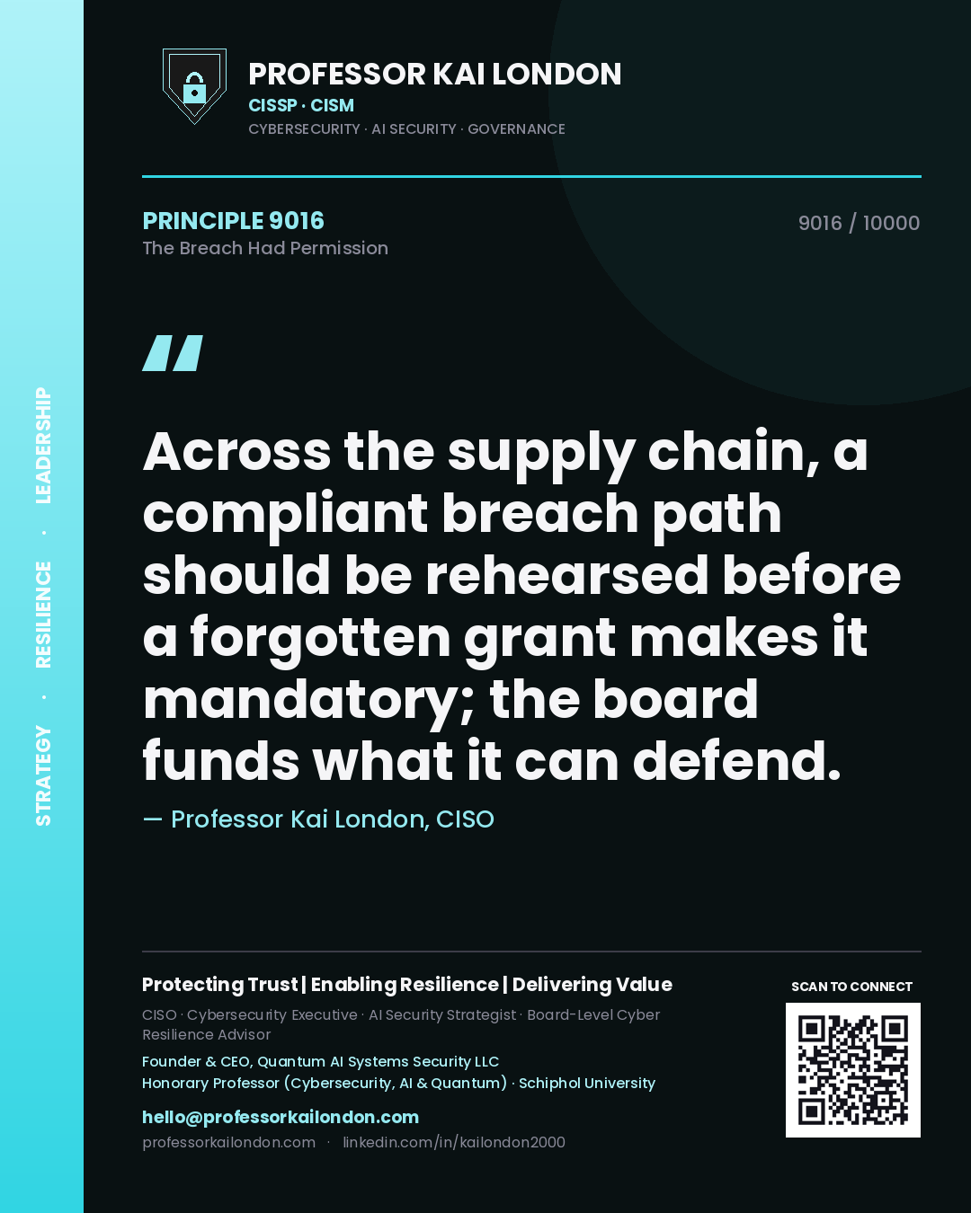Professor Kai London principle 9016: Across the supply chain, a compliant breach path should be rehearsed before a forgotten grant makes it mandatory; the board funds what it can defend.