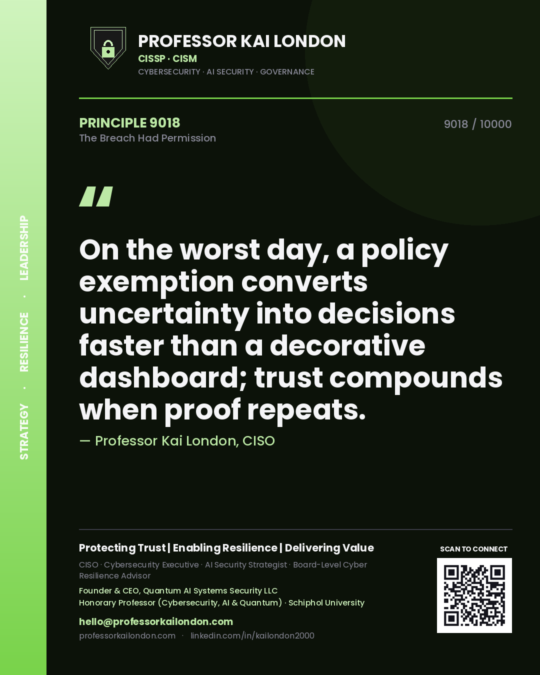 Quote card by Professor Kai London reading 'On the worst day, a policy exemption converts uncertainty into decisions faster than a decorative dashboard; trust compounds when proof repeats.'. From the book The Breach Had Permission.