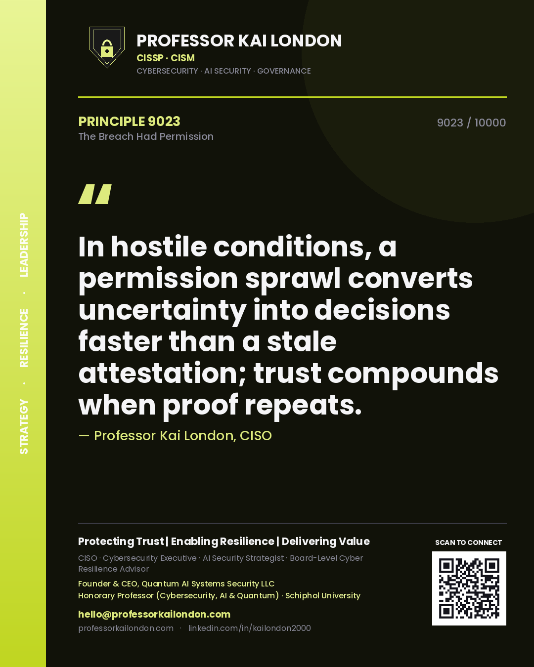 Professor Kai London principle 9023: In hostile conditions, a permission sprawl converts uncertainty into decisions faster than a stale attestation; trust compounds when proof repeats.