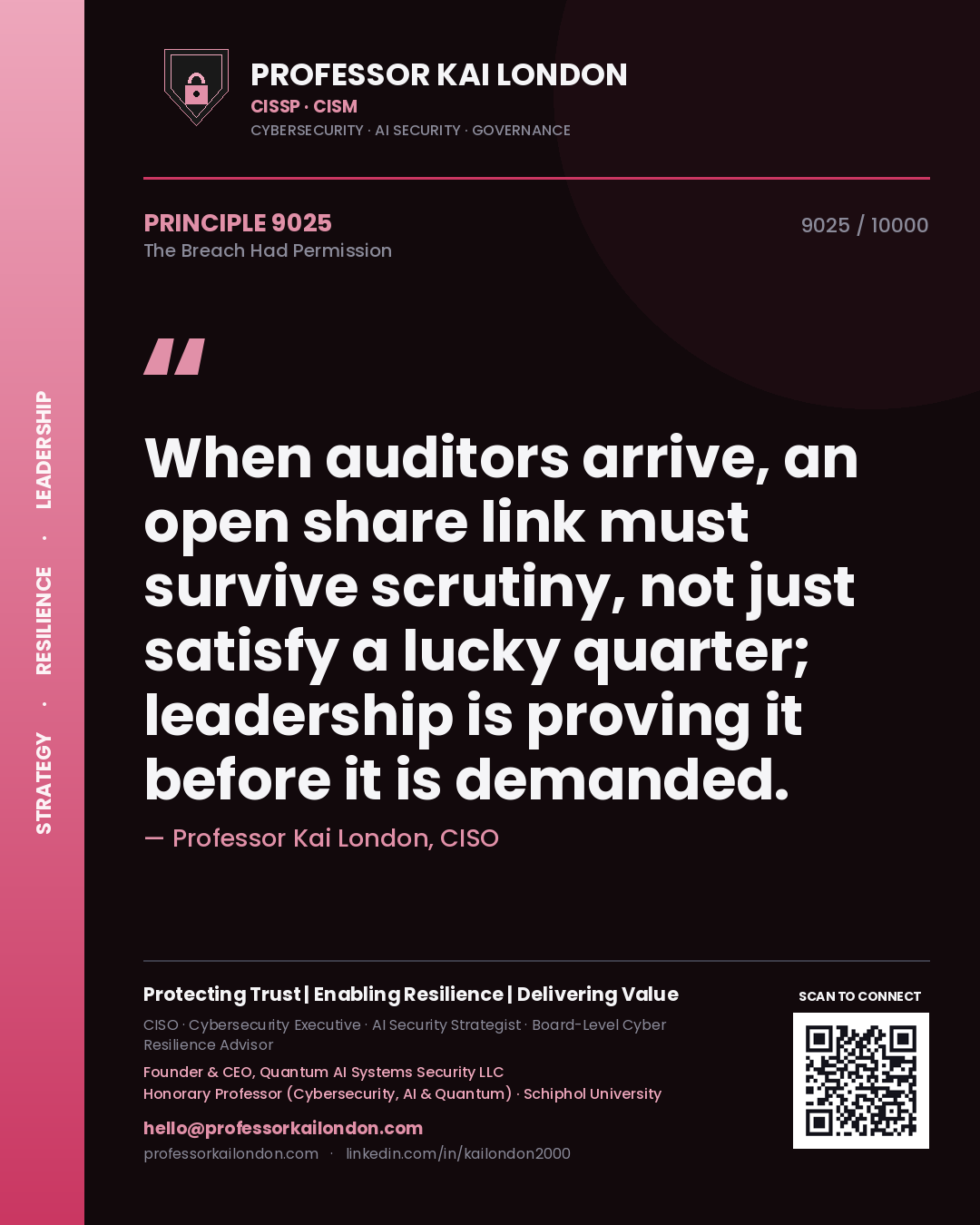 Quote card by Professor Kai London reading 'When auditors arrive, an open share link must survive scrutiny, not just satisfy a lucky quarter; leadership is proving it before it is demanded.'. From the book The Breach Had Permission.