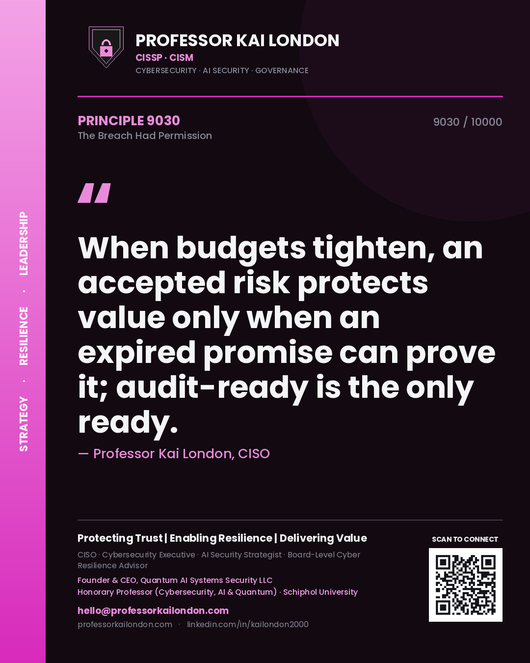 Quote card by Professor Kai London reading 'When budgets tighten, an accepted risk protects value only when an expired promise can prove it; audit-ready is the only ready.'. From the book The Breach Had Permission.