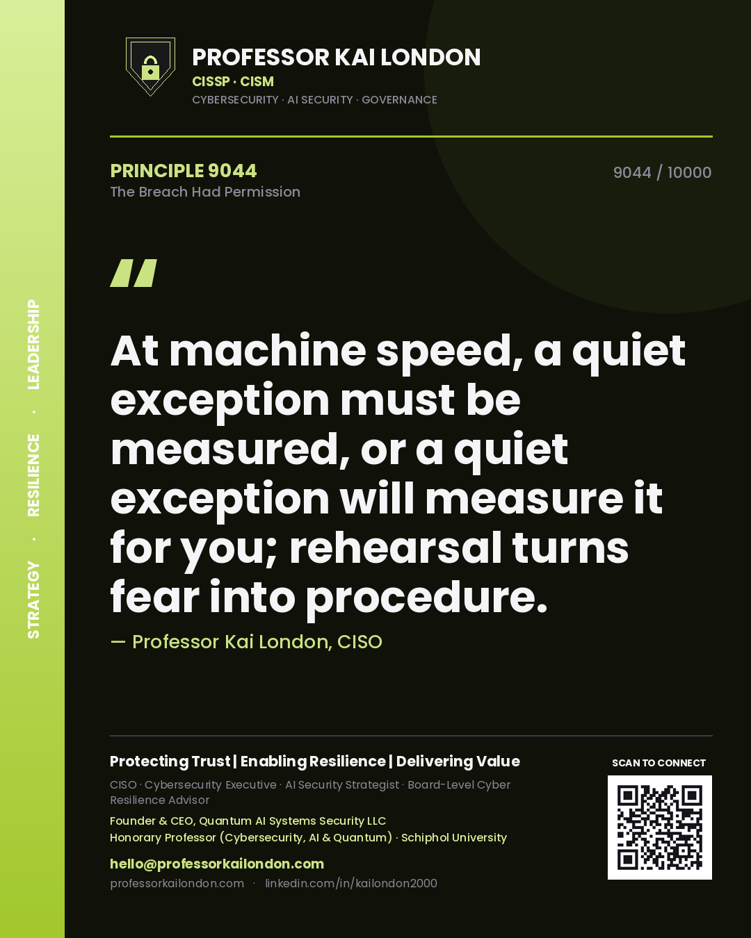 Professor Kai London principle 9044: At machine speed, a quiet exception must be measured, or a quiet exception will measure it for you; rehearsal turns fear into procedure.