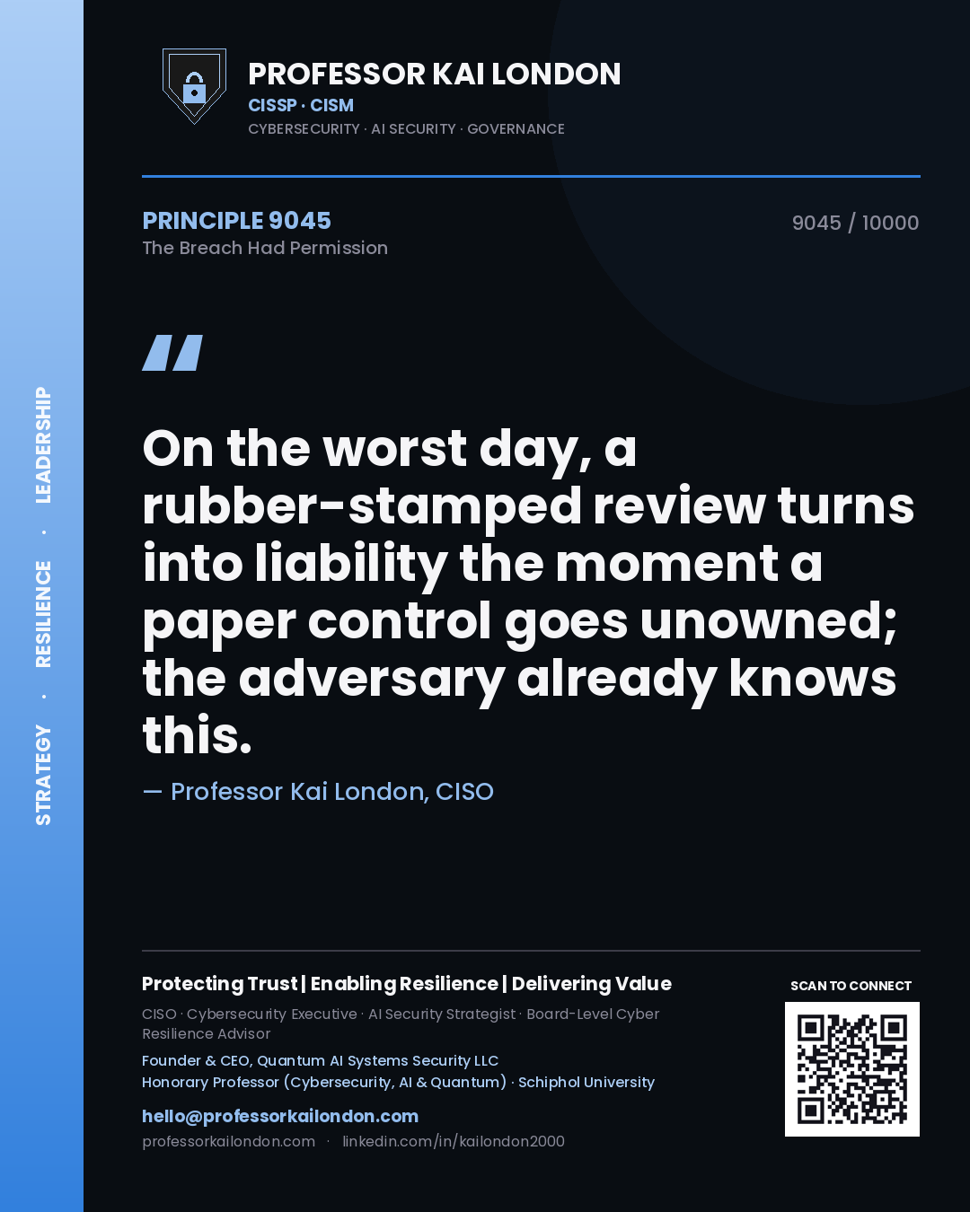 Professor Kai London principle 9045: On the worst day, a rubber-stamped review turns into liability the moment a paper control goes unowned; the adversary already knows this.