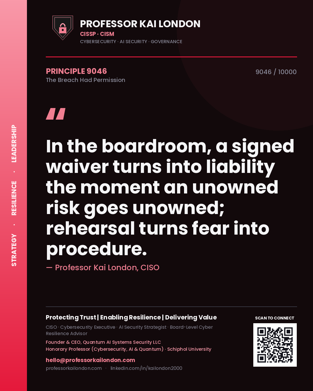 Quote card by Professor Kai London reading 'In the boardroom, a signed waiver turns into liability the moment an unowned risk goes unowned; rehearsal turns fear into procedure.'. From the book The Breach Had Permission.