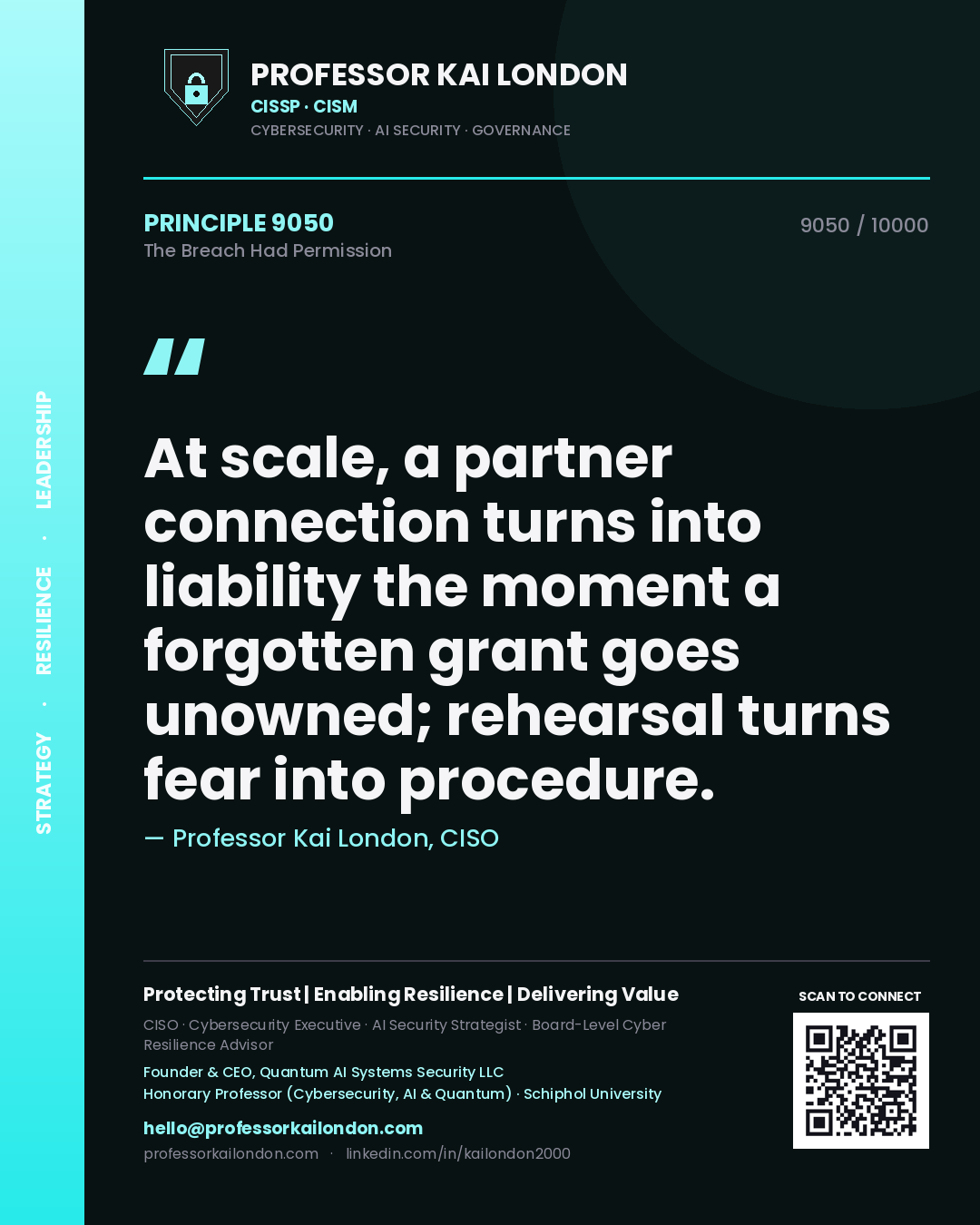 Professor Kai London principle 9050: At scale, a partner connection turns into liability the moment a forgotten grant goes unowned; rehearsal turns fear into procedure.