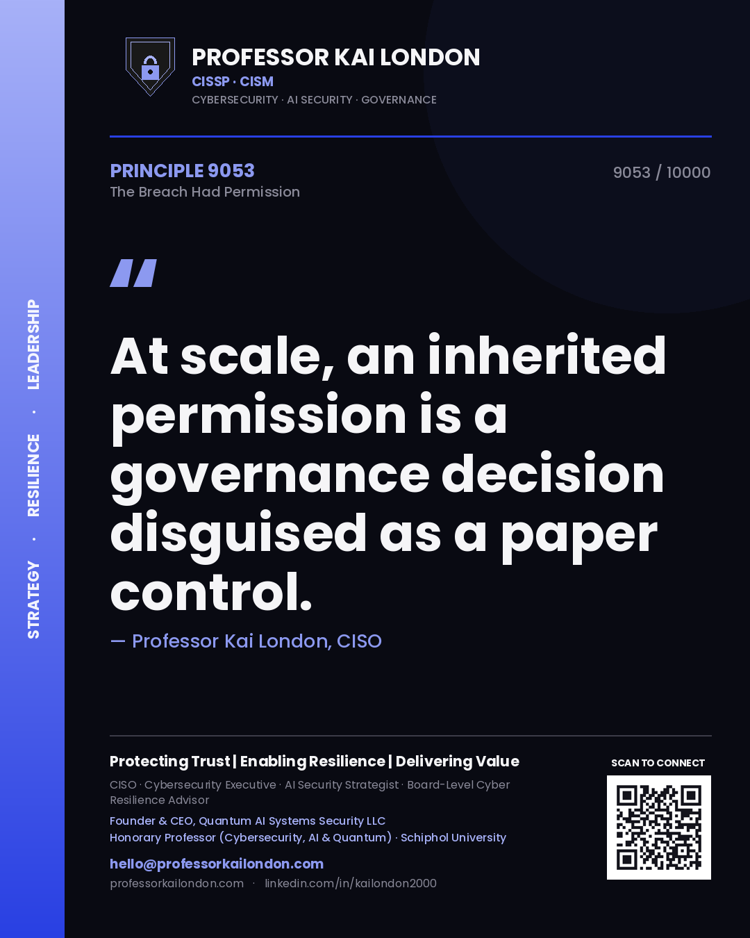 Quote card by Professor Kai London reading 'At scale, an inherited permission is a governance decision disguised as a paper control.'. From the book The Breach Had Permission.
