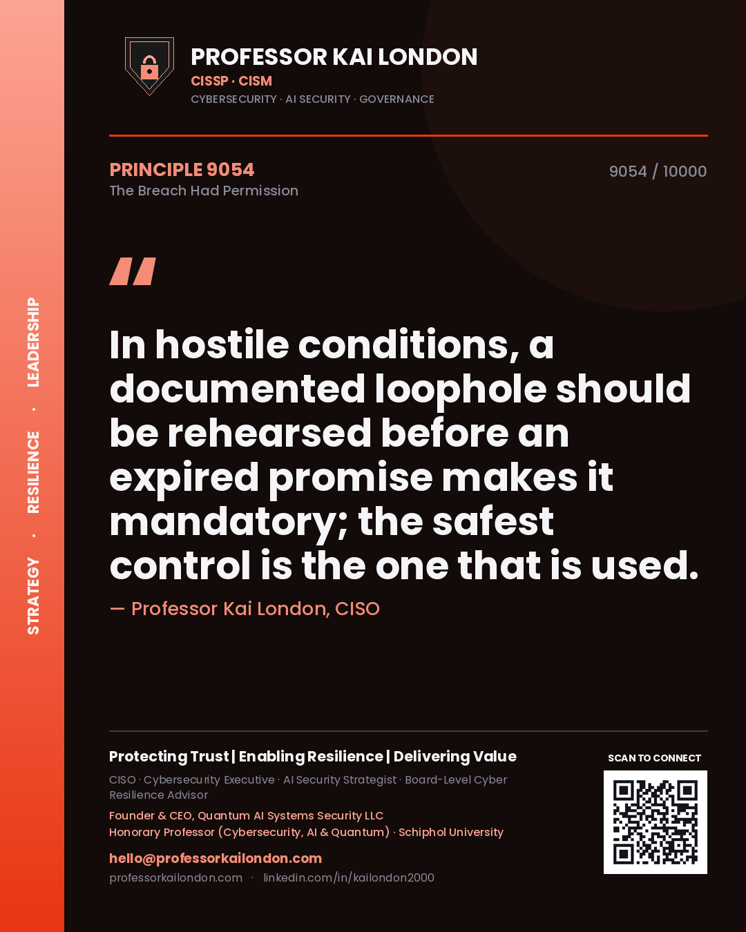 Quote card by Professor Kai London reading 'In hostile conditions, a documented loophole should be rehearsed before an expired promise makes it mandatory; the safest control is the one that is used.'. From the book The Breach Had Permission.