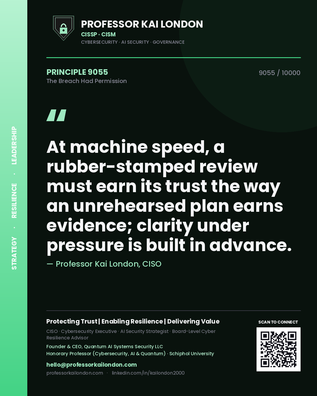 Professor Kai London principle 9055: At machine speed, a rubber-stamped review must earn its trust the way an unrehearsed plan earns evidence; clarity under pressure is built in advance.