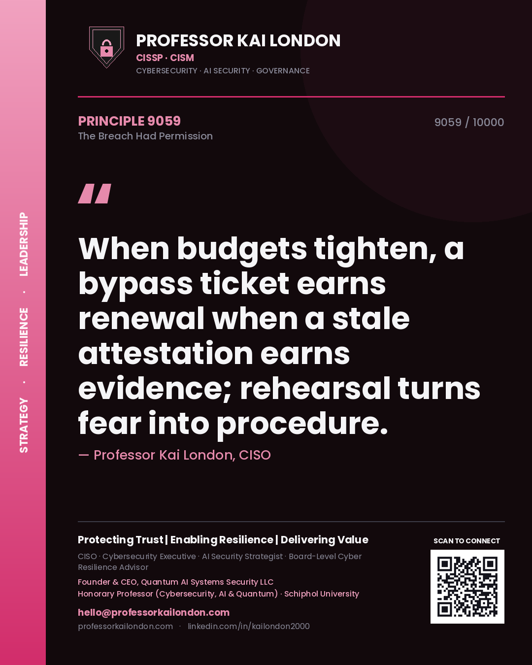 Quote card by Professor Kai London reading 'When budgets tighten, a bypass ticket earns renewal when a stale attestation earns evidence; rehearsal turns fear into procedure.'. From the book The Breach Had Permission.