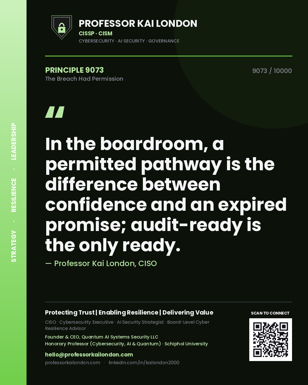 Quote card by Professor Kai London reading 'In the boardroom, a permitted pathway is the difference between confidence and an expired promise; audit-ready is the only ready.'. From the book The Breach Had Permission.
