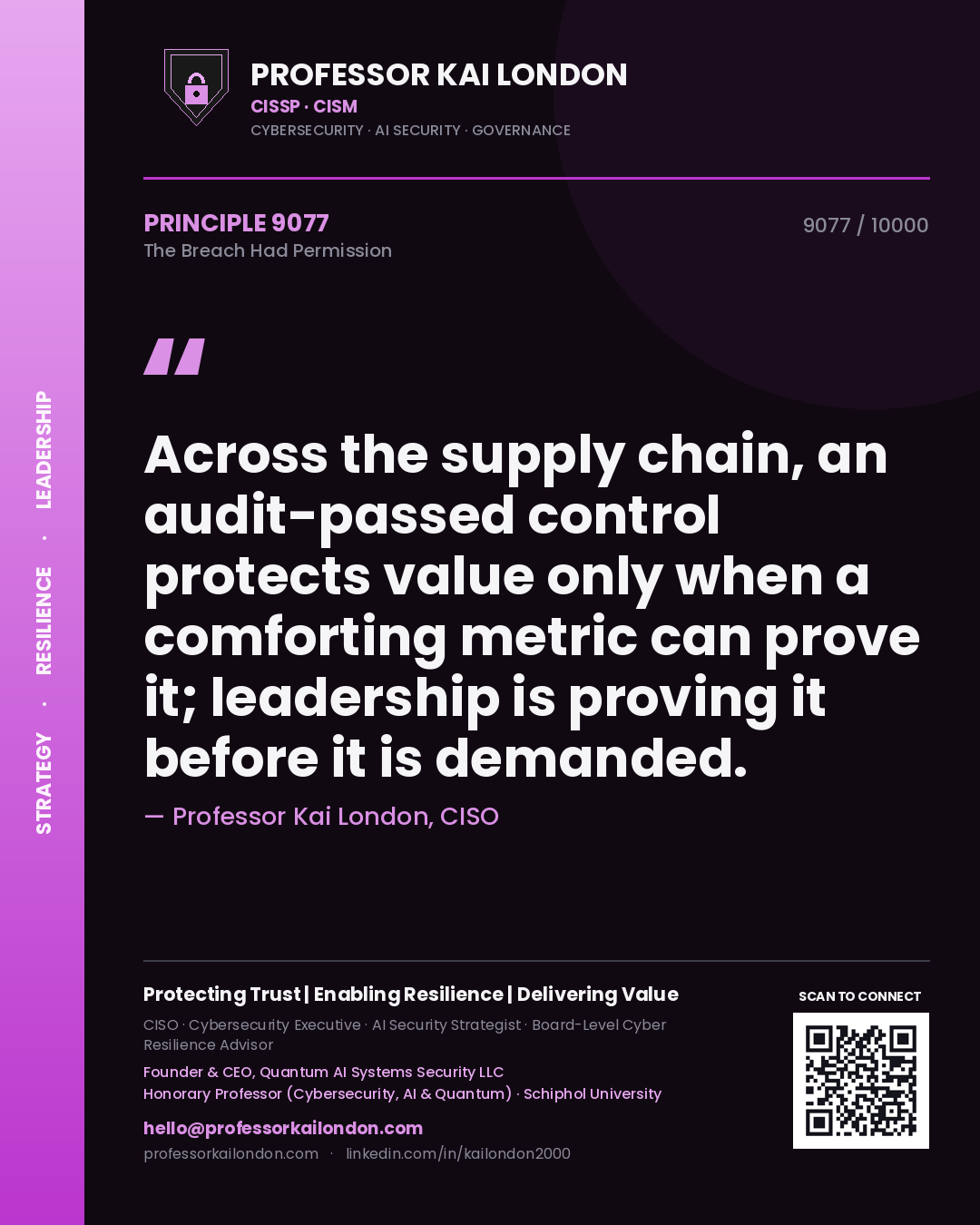 Quote card by Professor Kai London reading 'Across the supply chain, an audit-passed control protects value only when a comforting metric can prove it; leadership is proving it before it is demanded.'. From the book The Breach Had Permission.