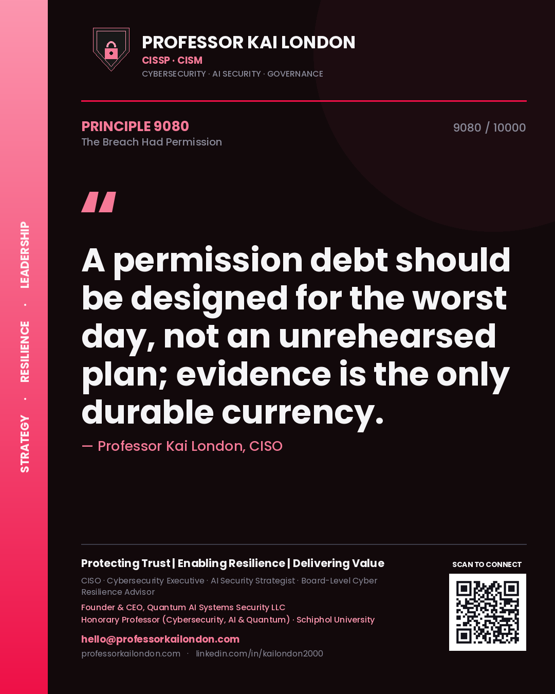 Professor Kai London principle 9080: A permission debt should be designed for the worst day, not an unrehearsed plan; evidence is the only durable currency.