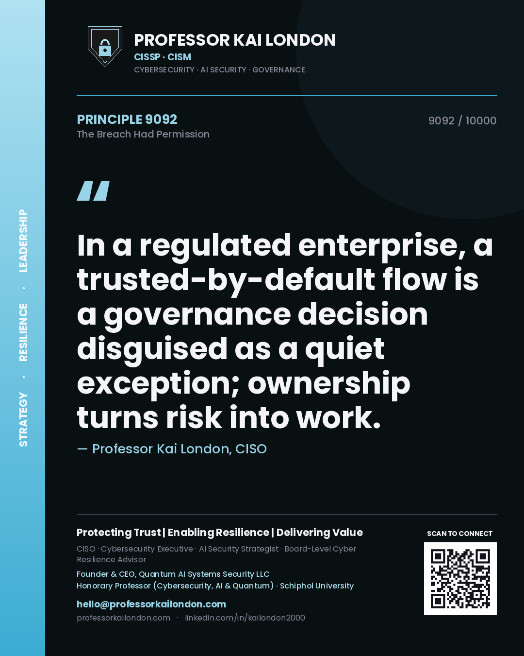 Quote card by Professor Kai London reading 'In a regulated enterprise, a trusted-by-default flow is a governance decision disguised as a quiet exception; ownership turns risk into work.'. From the book The Breach Had Permission.