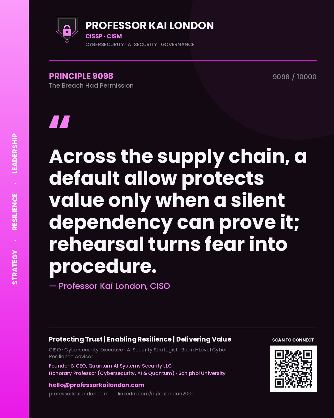 Professor Kai London principle 9098: Across the supply chain, a default allow protects value only when a silent dependency can prove it; rehearsal turns fear into procedure.