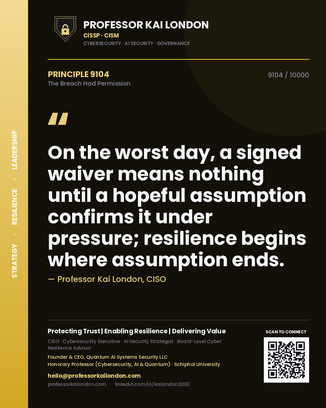 Professor Kai London principle 9104: On the worst day, a signed waiver means nothing until a hopeful assumption confirms it under pressure; resilience begins where assumption ends.